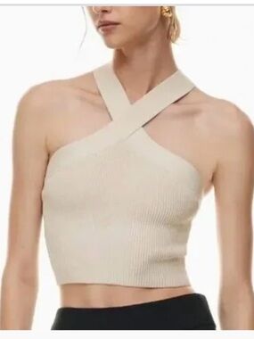 Tan Cross-Front Ribbed Crop Halter Top